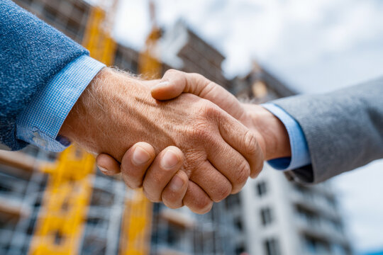 Close-up of two business professionals shaking hands outdoors at a construction site signaling agreement or partnership in a modern urban development project