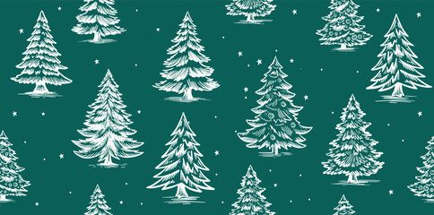 Christmas pattern with tree on green, hand drawn illustrations