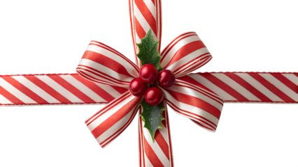 Red and White Striped Christmas Ribbon with Holly Leaves – Festive Holiday Bow PNG on White Background