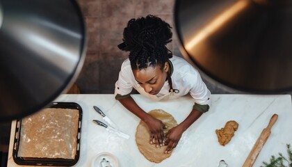 Pastry chef preparing gingerbread dough on marble counter, festive holiday baking scene in professional kitchen