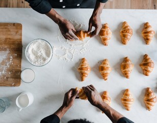Bakers shaping croissant dough on floured surface, artisan pastry preparation process in professional kitchen, homemade bakery craftsmanship