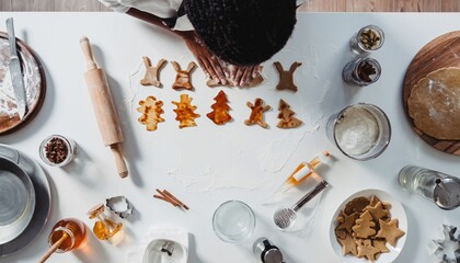 Person making homemade gingerbread cookies, festive holiday baking scene with dough, flour, and cookie cutters on white table