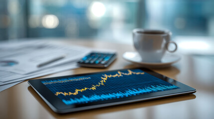 Digital tablet displaying financial charts with documents, calculator, and coffee cup in blurred business workspace for market analysis and investment planning