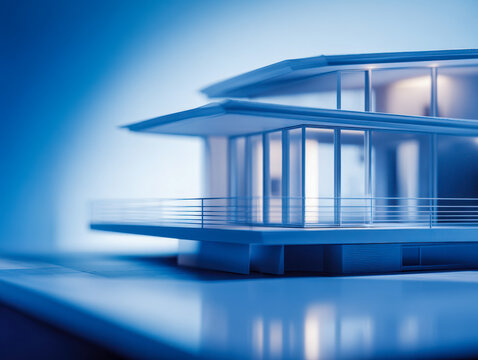 Detailed architectural model of a modern minimalist house with large glass windows and extended flat roof bathed in soft blue lighting atmosphere