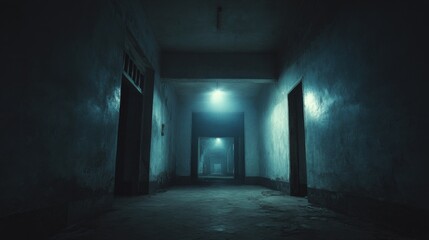 Fototapeta premium Dark, eerie hallway with glowing lights and doors, creating a sense of dread