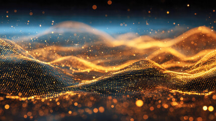 Glowing golden wave patterns formed by sparkling particles and illuminated dots creating an abstract futuristic landscape with dynamic depth and motion effects