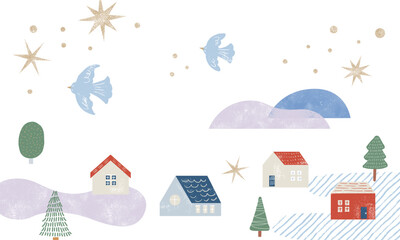 冬の雪の降る街のクリスマス風景イラスト