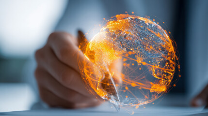 Hand holding pen with illuminated digital globe overlay showing global network connections and technology interaction in modern business concept