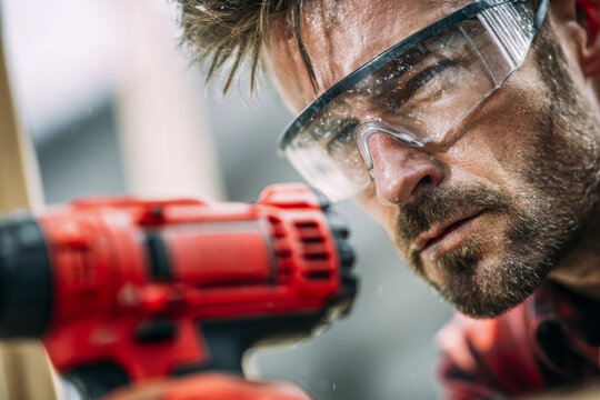 Focused craftsman wearing protective eyewear using a red cordless drill for woodworking in a workshop environment with fine wood dust particles in the air - Powered by Adobe