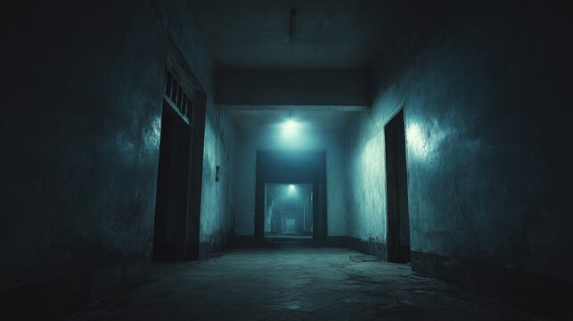 Dark, eerie hallway with glowing lights and doors, creating a sense of dread - Powered by Adobe