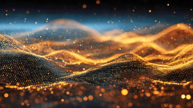 Glowing golden wave patterns formed by sparkling particles and illuminated dots creating an abstract futuristic landscape with dynamic depth and motion effects