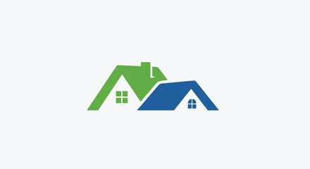 Modern real estate logo design showcasing adjacent green and blue homes perfect for property management or home building brand identity