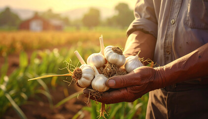 farmer's hands holding garlic in the field