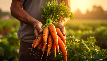 farmer's hands holding carrots in the field