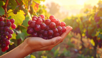 farmer's hands holding grapes in the vineyard