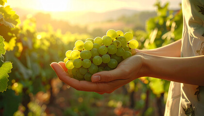 female hands holding grapes in the vineyard