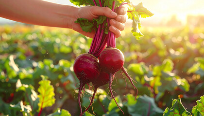 farmer's hands holding beetroots in the field
