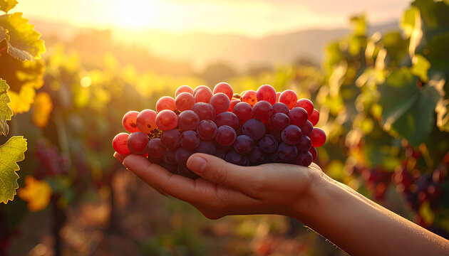 farmer's hands holding grapes in the vineyard - Powered by Adobe