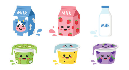 Adorable dairy delight with kawaii-style milk cartons and yogurt cups, perfect for kids' menus, nutrition education, and healthy snack promotions
