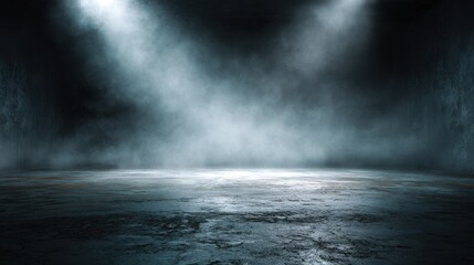 Dark concrete stage with spotlights and smoke, atmospheric lighting