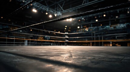 Empty boxing ring with spotlights and ropes, ready for a fight