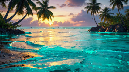 AI-generated image, breathtaking landscape of a tropical beach at sunset with a Bokeh background