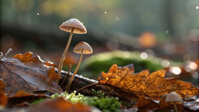 Delicate Woodland Mushrooms Morning Dew Autumn Forest