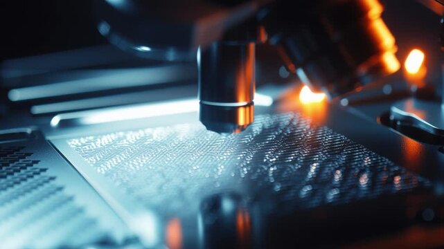 A microscope's lens slowly adjusts focus, revealing intricate details of a grid-patterned sample on a slide. The ,camera orbits around, the instrument as metallic knobs turn subtly, 4k video footage
