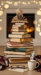 Christmas Tree Made of Books with String Lights