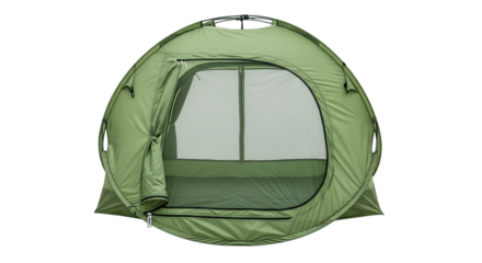 Tent, Green Pop Up with Mesh Window and Open Door isolated on a transparent background, cutout, PNG