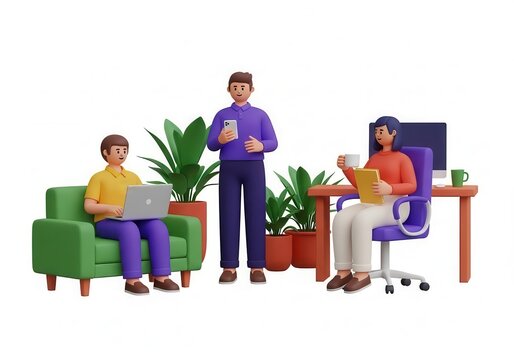 3D Render of Diverse Team Working in Modern Office with Plants, Collaboration - Powered by Adobe