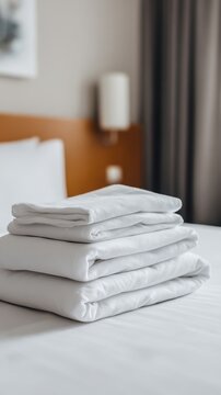 Neatly folded stack of white hotel bed linens on a bed