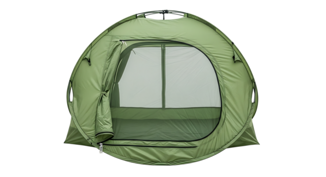 Tent, Green Pop Up with Mesh Window and Open Door isolated on a transparent background, cutout, PNG