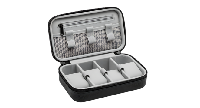 Case, Open Black Zippered with Grey Interior for Storing Watches or Jewelry isolated on a transparent background, cutout, PNG