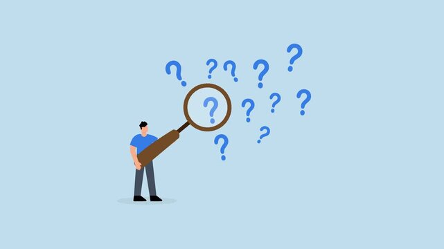 Problem analysis, 4k animation of businessman with magnifying glass analyze question marks.