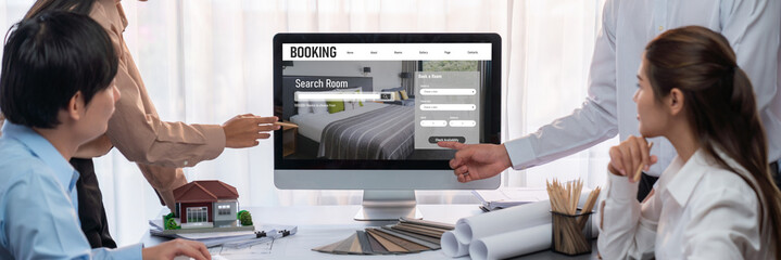Online hotel accommodation booking website provide brisk reservation system . Travel technology concept .