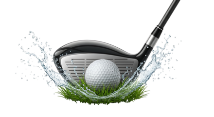 Golf Club, Hitting a White Ball with Water Splash and Green Grass isolated on a transparent background, cutout, PNG