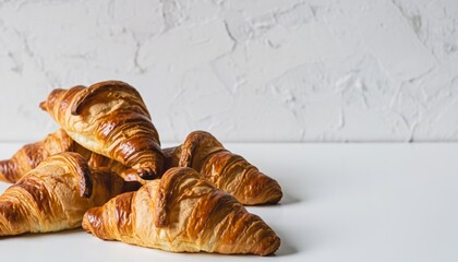 Freshly baked buttery croissants, golden flaky pastry on white background, minimalist breakfast concept with copy space