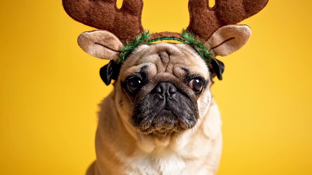 Grumpy Pug Wearing Reindeer Antlers on Yellow Background