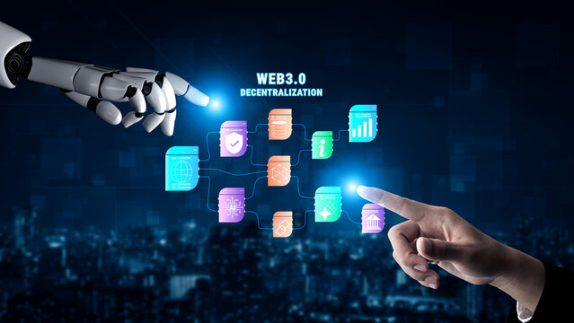 The role of AI in the Web 3.0 decentralization ecosystem. A flowchart showing AI connected with blockchain and decentralized finance. Motif - Powered by Adobe