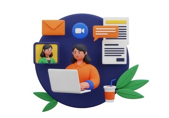 3D Render Woman Working on Laptop, Online Meeting, Communication, Illustration