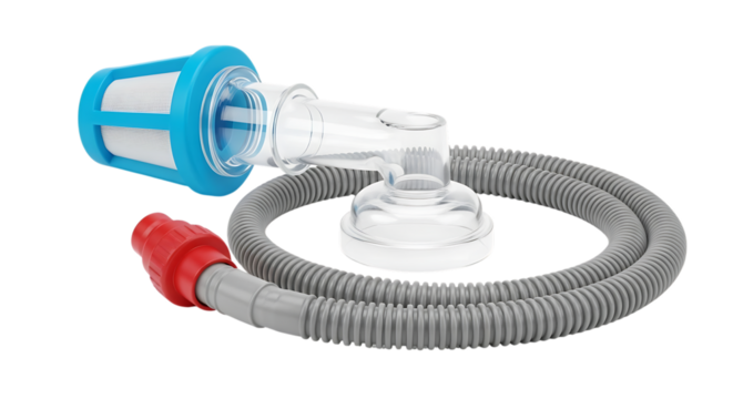 Breathing Apparatus, Medical with Blue Filter and Clear Mask on Flexible Gray Tubing isolated on a transparent background, cutout, PNG