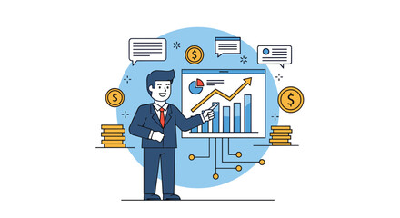 Confident businessman presenting financial growth chart for investment strategy and success in modern business meeting with upward trend
