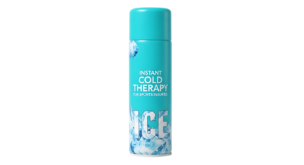Aerosol Can, Cyan for Instant Cold Therapy for Sports Injuries with Ice Imagery isolated on a transparent background, cutout, PNG
