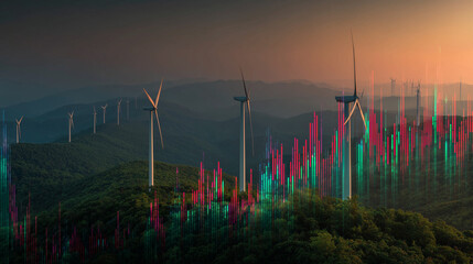 Drone view of wind turbines on lush green hills at sunset, with a digital overlay showing energy analytics