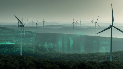 Drone view of wind turbines standing on lush green hills, with a digital overlay showing energy analytics