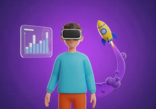 Metaverse Business Growth Man in VR Headset, Rocket Launch, and Financial Graph