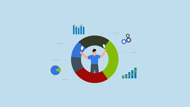 Analyze data, 4k animation of entrepreneur using magnifying glass to examine pie chart information.