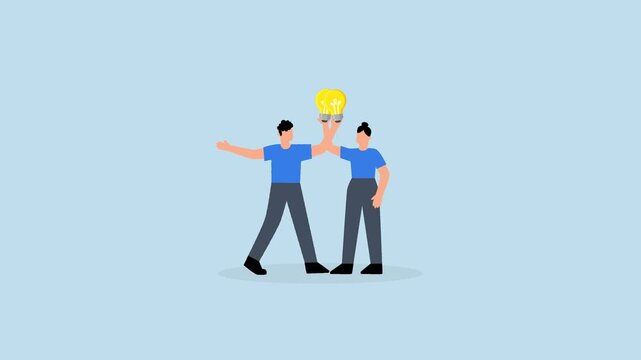 Exchange idea, 4k animation of businessman and woman share lightbulb idea to colleagues.