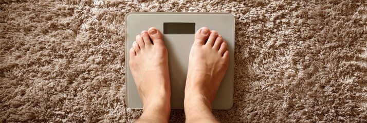 Weight Scale Rests on Soft Carpet as Feet Stand on It for a Fitness Check at Home